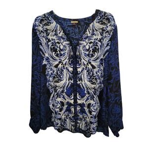 Dan Buchman Women Size 12 Sheer Front Button Jacket Navy Black Long Sleeve Nice